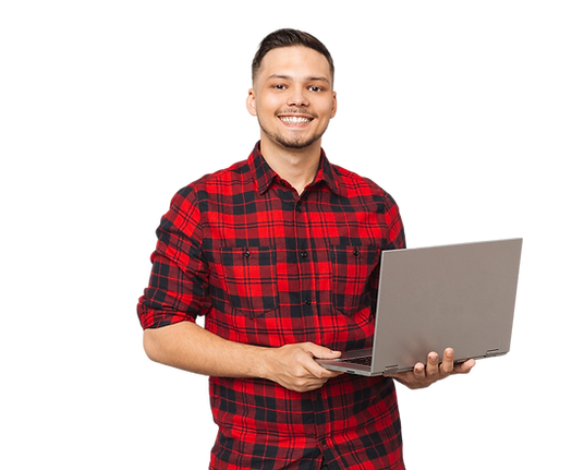 Young man in plaid shirt holding laptop