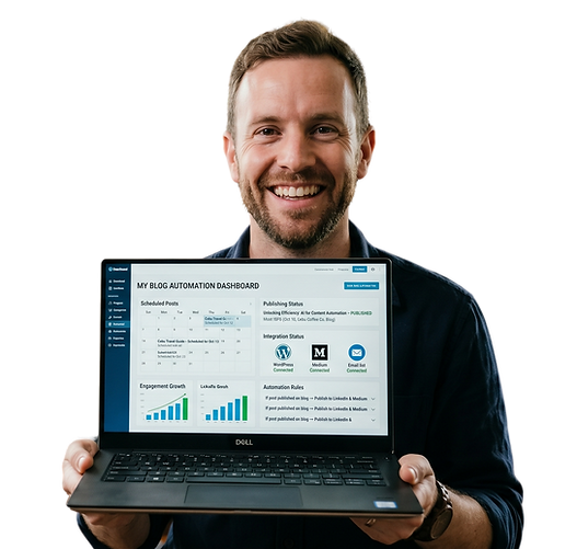 Professional working on laptop with content automation