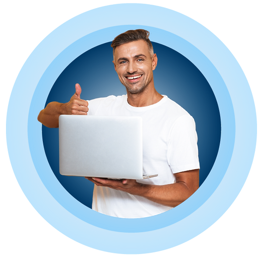 Smiling man holding a laptop and giving a thumbs up