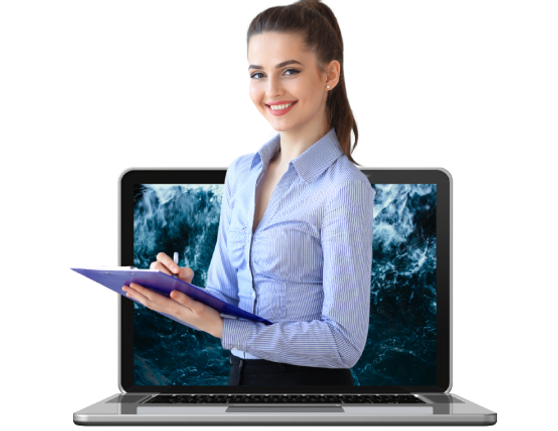 Professional woman with laptop presenting case studies