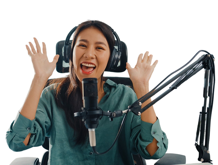 Woman recording a podcast